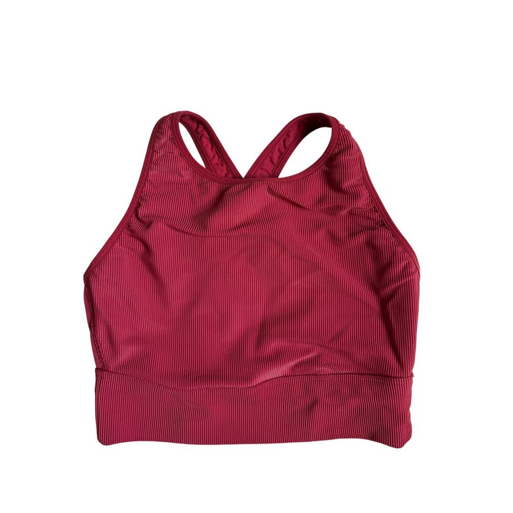 Calia Ribbed High-Neck Crossback Sports Bra (Deep Mauve) - Medium